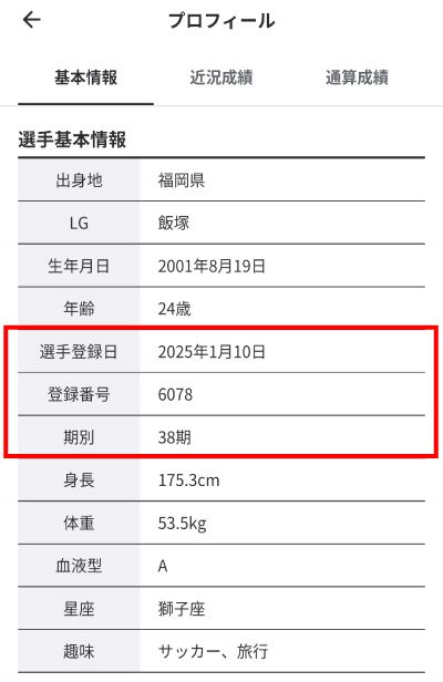 選手登録日を確認できる